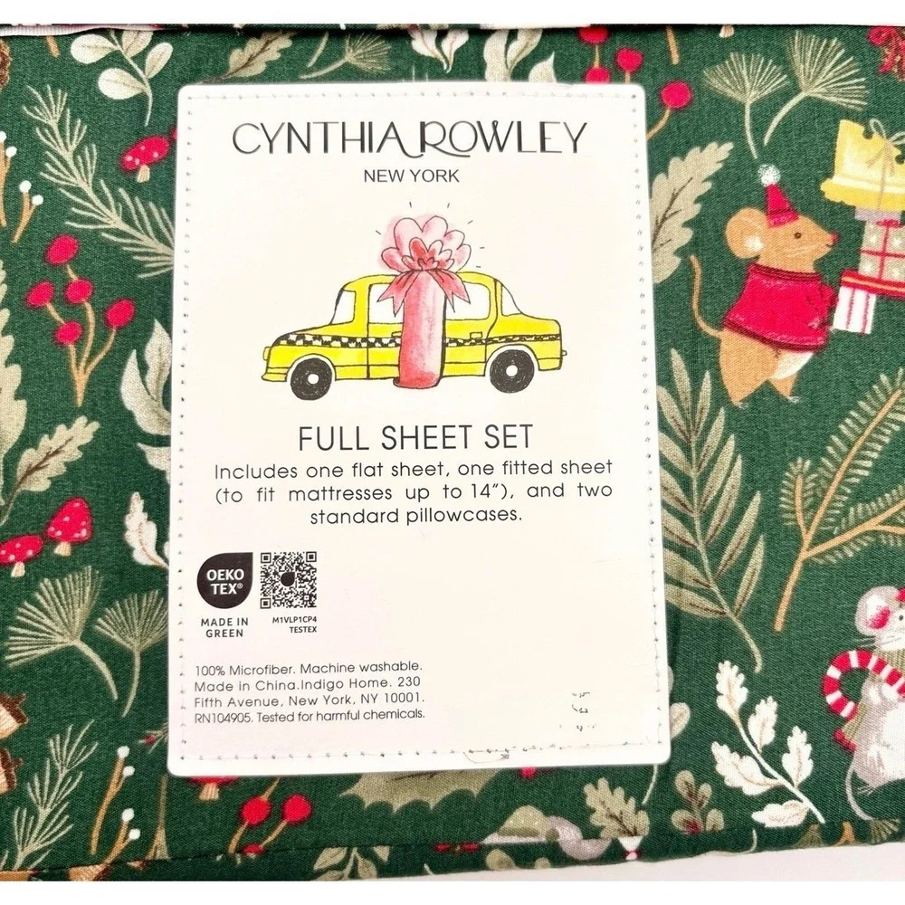 Cynthia Rowley New York Full Sheet Set Holiday Mice Taxi Christmas Whimsical